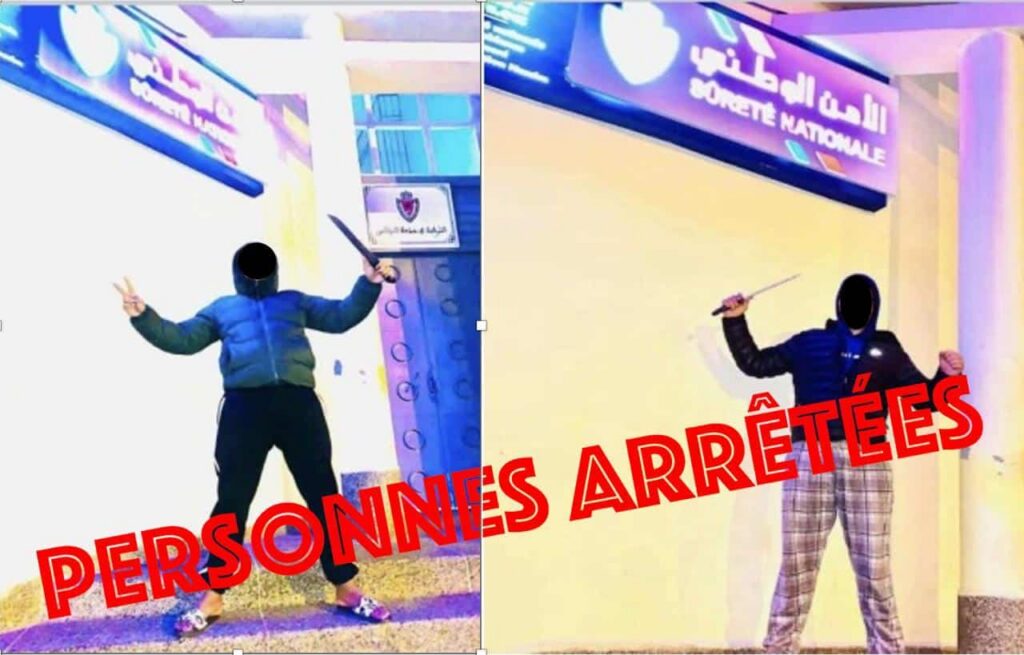 "سخونية الراس".. توقيف شابين التقطا صورا أمام دائرة شرطة وهما يشهران أسلحة بيضاء